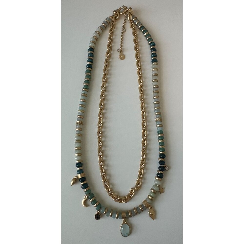Ann Taylor LOFT Gold Tone Double Strand Adjustable Necklace Green Beads 9"